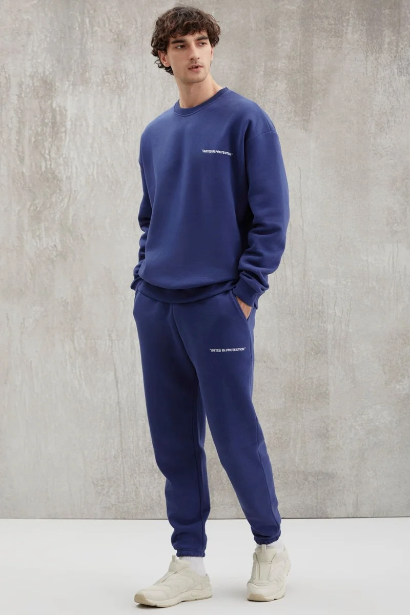 GRIMELANGE Marshall Men's Cotton Fleece Embroidered Relaxed Navy Blue Tracksuit