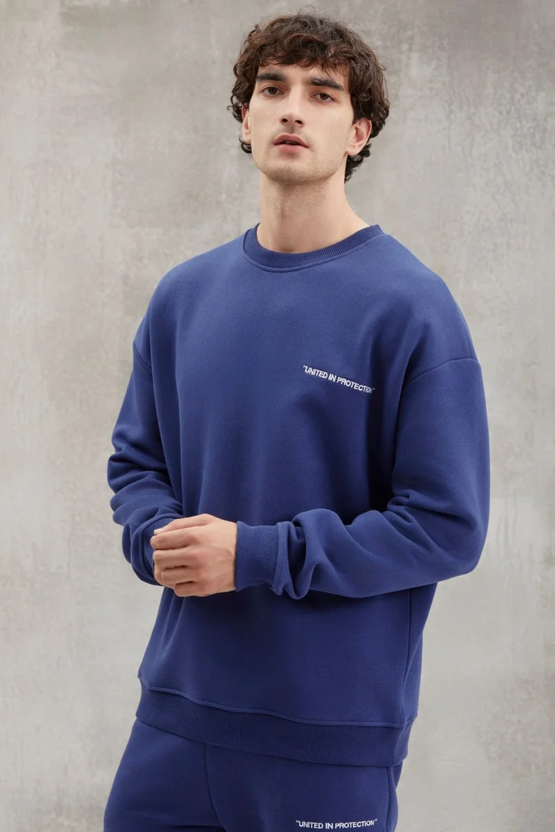 GRIMELANGE Marshall Men's Cotton Fleece Embroidered Relaxed Navy Blue Tracksuit