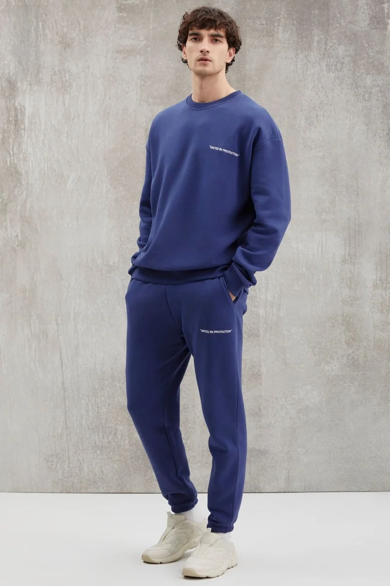 GRIMELANGE Marshall Men's Cotton Fleece Embroidered Relaxed Navy Blue Tracksuit