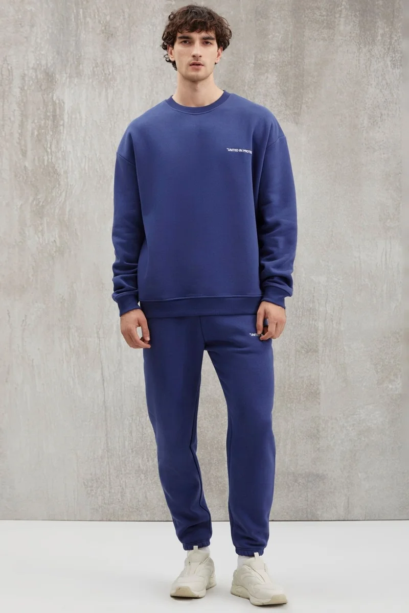 GRIMELANGE Marshall Men's Cotton Fleece Embroidered Relaxed Navy Blue Tracksuit