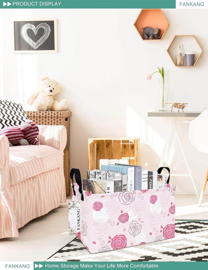 FANKANG Storage Bins, Nursery Hamper Canvas Laundry Basket Foldable with Waterproof PE Coating Large Storage Baskets for Kids Boys and Girls, Office, Bedroom, Clothes,Toys(Rec-Pink roses ） - Image 5