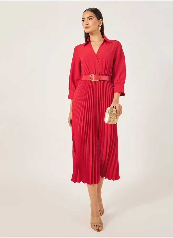 Styli Plain 3/4th Sleeves Belted A-Line Midi Dress