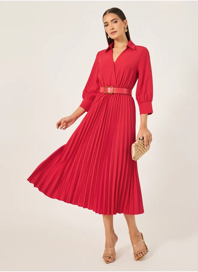 Styli Plain 3/4th Sleeves Belted A-Line Midi Dress