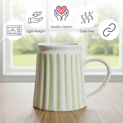 Femora Large Ceramic Coffee Mug, Green & White Vertical Striped, Hand-Painted Tea Mug | 200 ML - Image 3