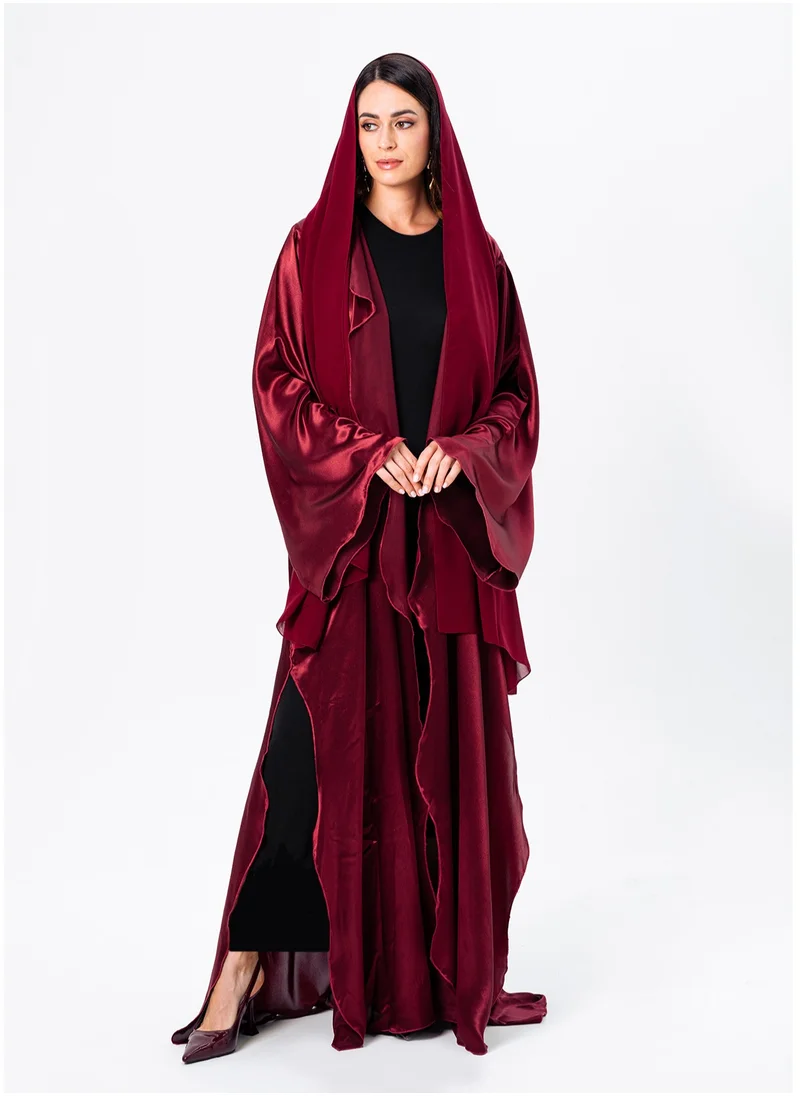 IZEL Red Satin Ruffled Abaya with Hijab