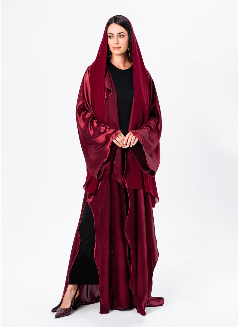 IZEL Red Satin Ruffled Abaya with Hijab - Image 2