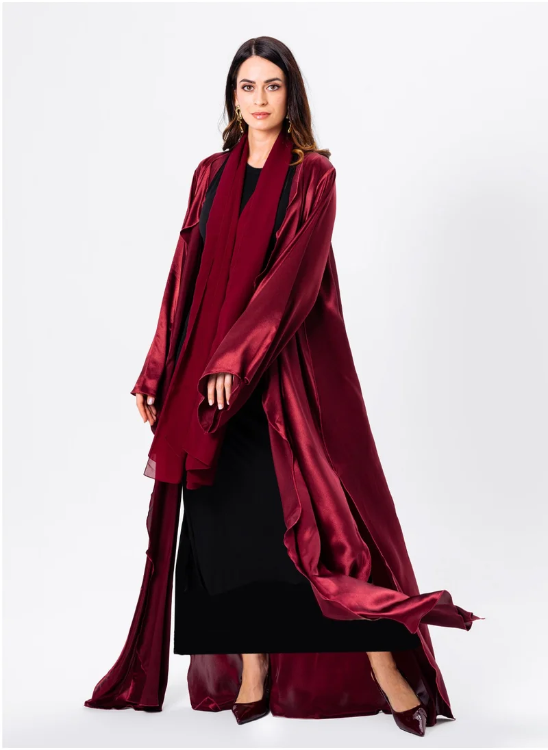 IZEL Red Satin Ruffled Abaya with Hijab