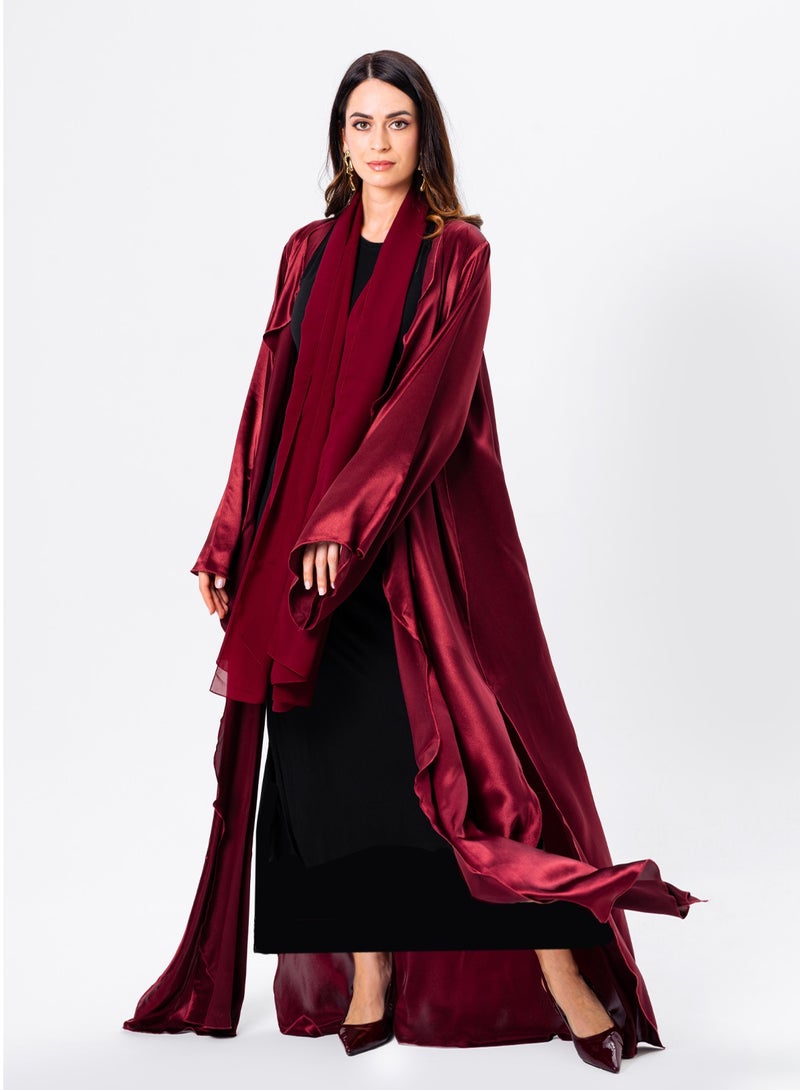 IZEL Red Satin Ruffled Abaya with Hijab - Image 3