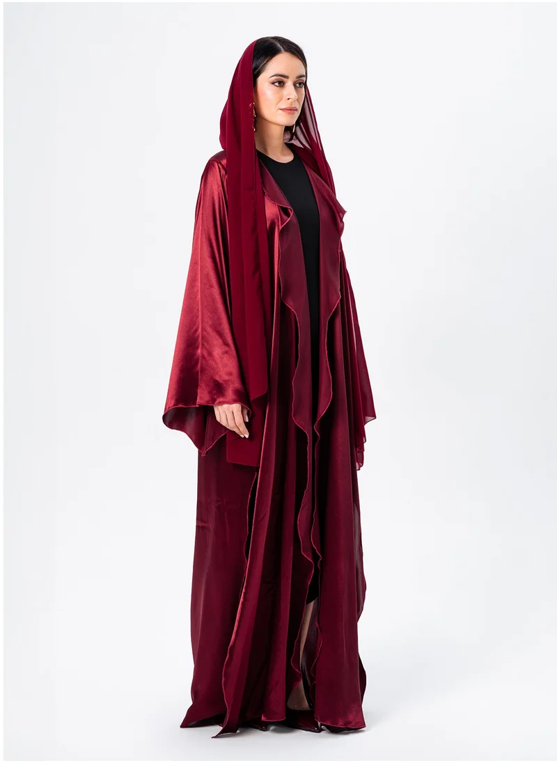 IZEL Red Satin Ruffled Abaya with Hijab