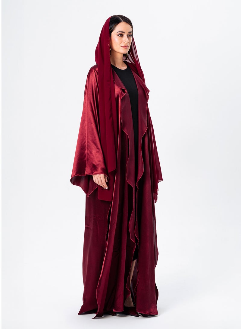 IZEL Red Satin Ruffled Abaya with Hijab - Image 5