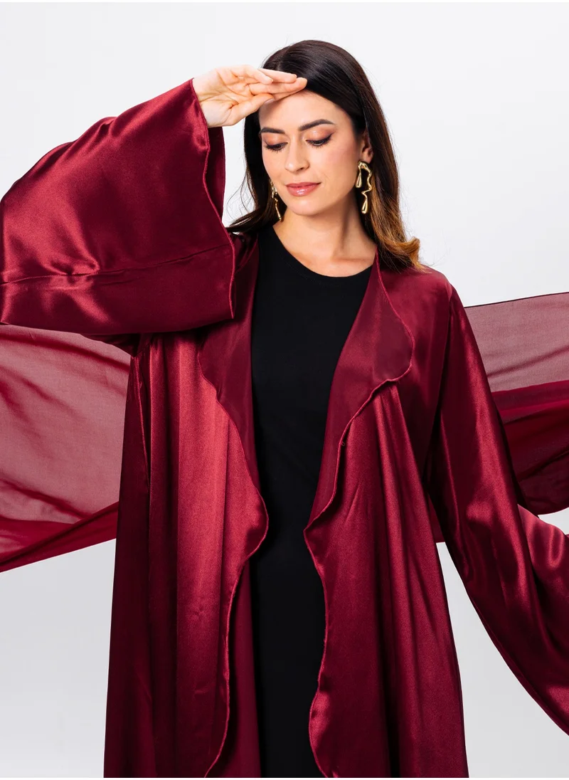 IZEL Red Satin Ruffled Abaya with Hijab