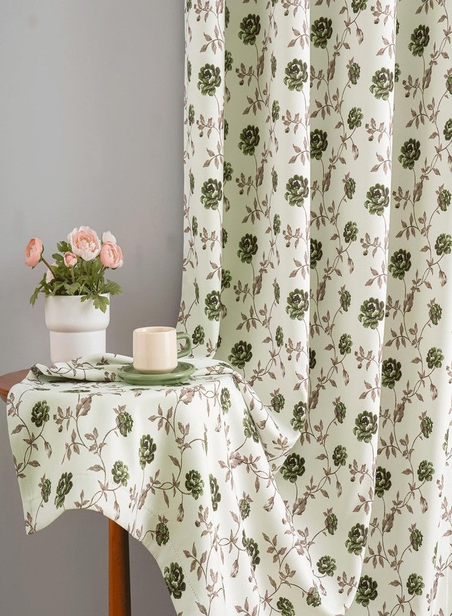 Beauoop ستائر Beauoop Floral المعتمة بنسبة 100%، طولها 63 بوصة، قطعتان، مناسبة لغرفة النوم وغرفة المعيشة، بنقشة زهور الورد العتيقة باللون الأخضر والبني على البيج، عازلة للحرارة والصوت، مزودة بحلقات معدنية، مقاس 52 × 63 بوصة. - Image 5