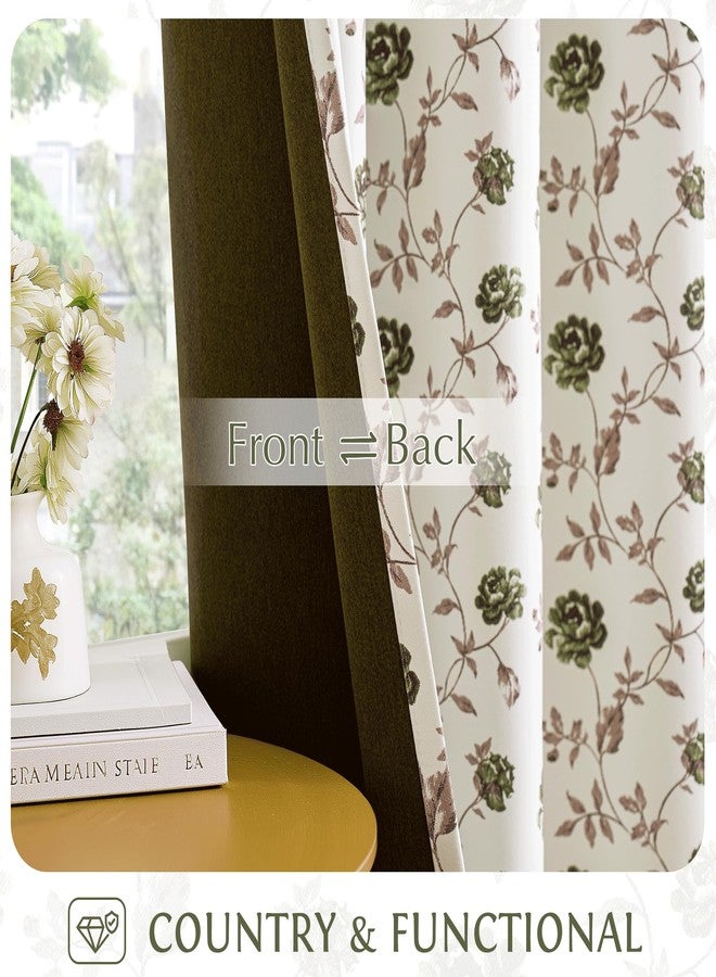 Beauoop ستائر Beauoop Floral المعتمة بنسبة 100%، طولها 63 بوصة، قطعتان، مناسبة لغرفة النوم وغرفة المعيشة، بنقشة زهور الورد العتيقة باللون الأخضر والبني على البيج، عازلة للحرارة والصوت، مزودة بحلقات معدنية، مقاس 52 × 63 بوصة. - Image 3