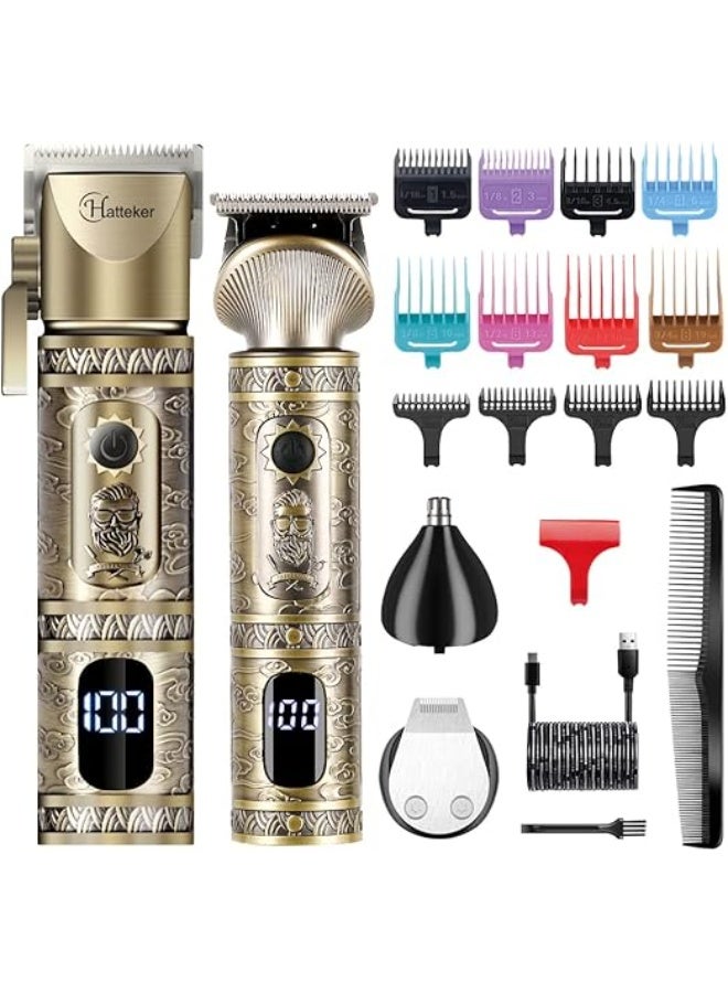 Hatteker Professional Hair Clipper and T-Blade Trimmer Set for Men, Cordless Rechargeable Barber Clipper Beard Nose Hair Trimmer Multipurpose Grooming Kit LED Display(Gold) - Image 1