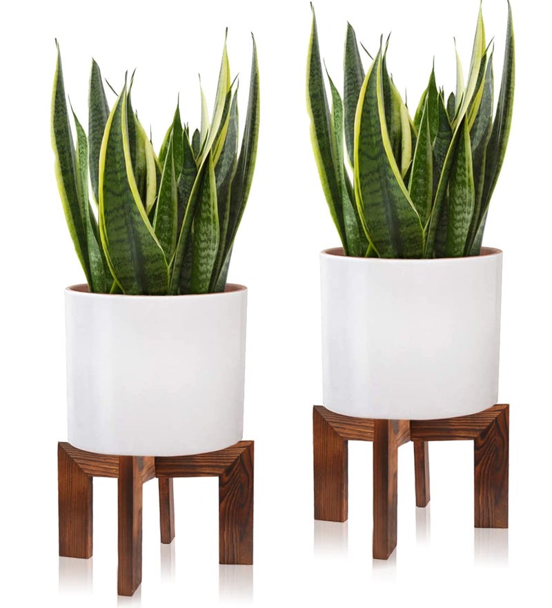 Gendral Forwepup 2 Pack Wood Plant Stand Mid Century Modern Planter Stand Rattan Flower Pot Stand Low Short Plant Stands Indoor Boho Rustic Wooden Stool for Plant Pot Holder Fit 515 Inch Pot - Image 2