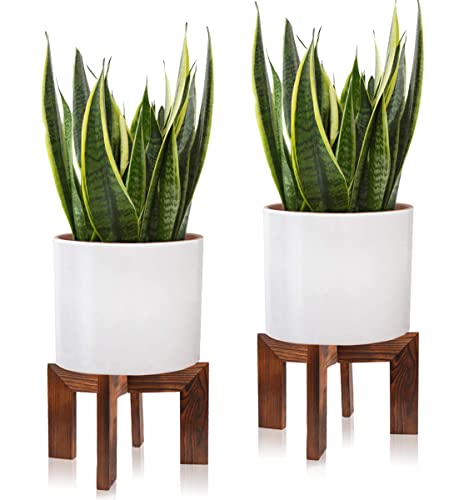 Gendral Forwepup 2 Pack Wood Plant Stand Mid Century Modern Planter Stand Rattan Flower Pot Stand Low Short Plant Stands Indoor Boho Rustic Wooden Stool for Plant Pot Holder Fit 515 Inch Pot - Image 1