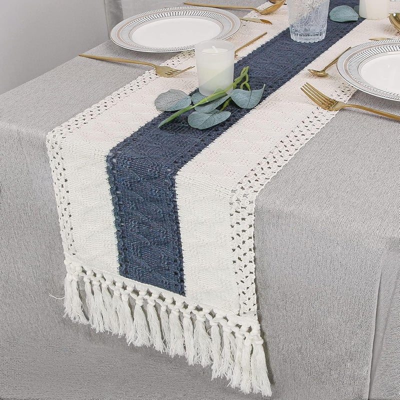FEXIA Boho Table Runner for Home Decor 48 Inches Long Farmhouse Rustic Table Runner Cream & Blue Macrame Table Runner with Tassels for Boho Dining Bedroom Decor Rustic Bridal Shower (12x48 Inches) - Image 5