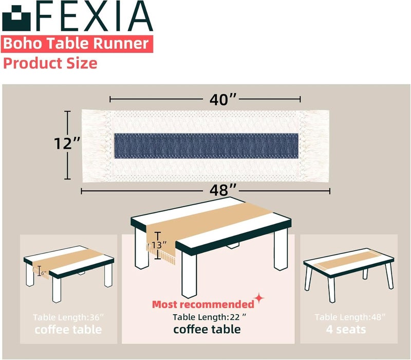 FEXIA Boho Table Runner for Home Decor 48 Inches Long Farmhouse Rustic Table Runner Cream & Blue Macrame Table Runner with Tassels for Boho Dining Bedroom Decor Rustic Bridal Shower (12x48 Inches) - Image 2