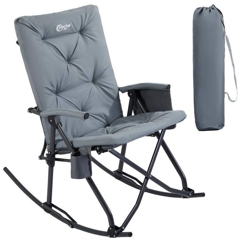 PORTAL Folding Rocking Chair Indoor  Outdoor Thick Padded Rocking Recliner Chair Portable Camping Rocker for Patio Front Porch Backyard Lawn Living Room Supports 400 LBS Grey