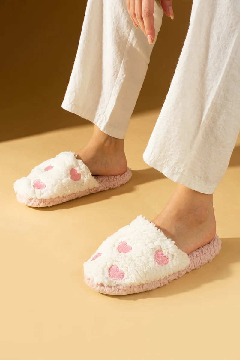 Pembe Potin Pink Potin Cold Proof Heart Patterned Wool Women's Home Slippers K90-25