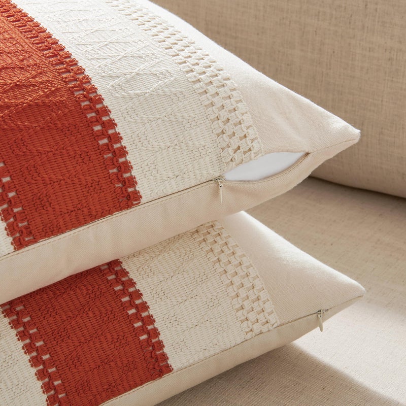 ZeeMart 2 Packs Cotton Boho Throw Pillow Covers 16x16 Inch Contrast Orange  Soft Farmhouse Decorative Fall Couch Pillow Cases Burnt Orange Cushion Covers for Sofa Bed Living Room Home Decor - Image 3