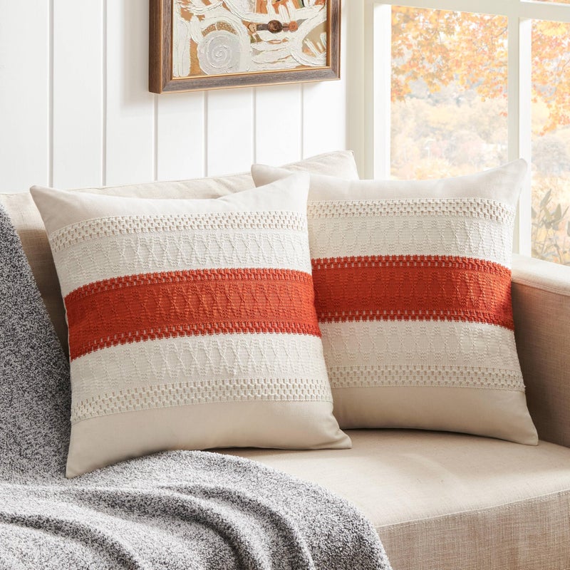 ZeeMart 2 Packs Cotton Boho Throw Pillow Covers 16x16 Inch Contrast Orange  Soft Farmhouse Decorative Fall Couch Pillow Cases Burnt Orange Cushion Covers for Sofa Bed Living Room Home Decor - Image 1