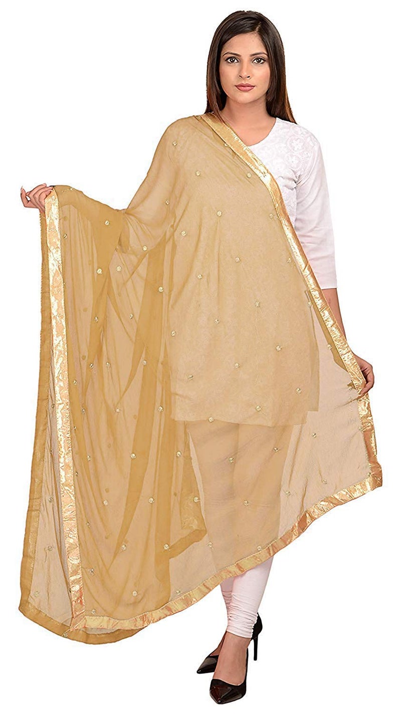themilestocks Woman's Embroidered Chiffon Dupatta Scarf Shawl Wrap Soft Indian Bridal Wedding (Camel) - Image 1
