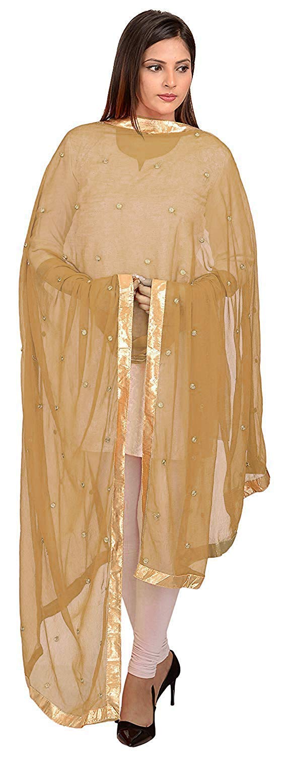 themilestocks Woman's Embroidered Chiffon Dupatta Scarf Shawl Wrap Soft Indian Bridal Wedding (Camel) - Image 2