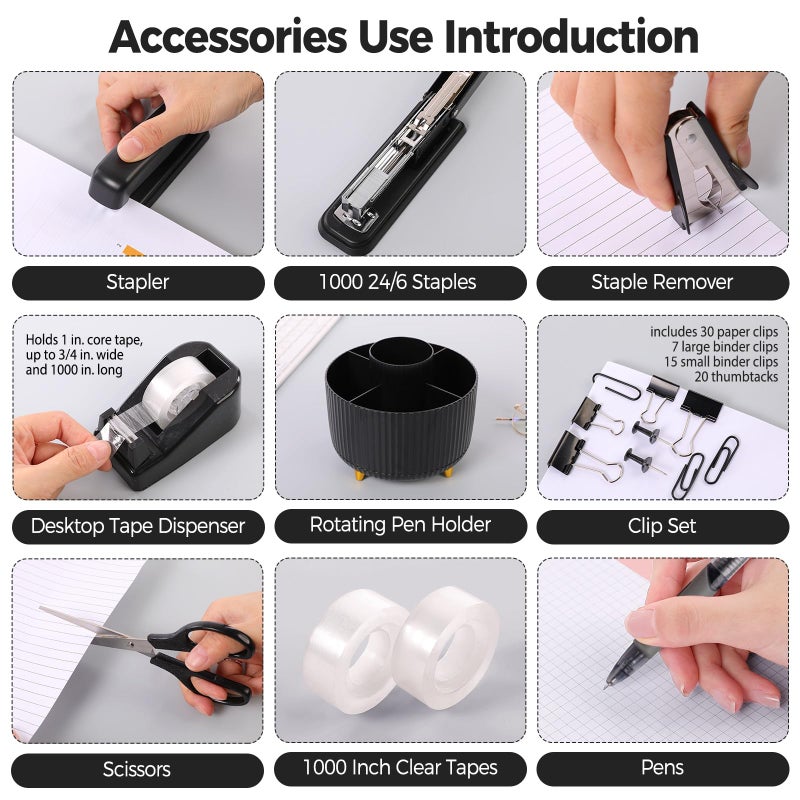 SKYDUE Black Office Supplies, Black Office Desk Accessories 10PCS, Pencil Holder for Desk, Stapler, Tape Dispenser, Scissors, Ruler, Clips and 1000pcs Staples, Desk Supplies Set - Image 4