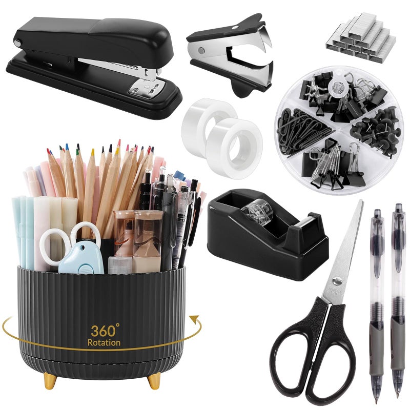 SKYDUE Black Office Supplies, Black Office Desk Accessories 10PCS, Pencil Holder for Desk, Stapler, Tape Dispenser, Scissors, Ruler, Clips and 1000pcs Staples, Desk Supplies Set - Image 1