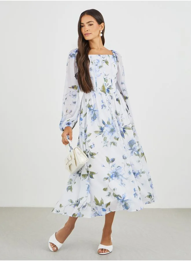 Styli Styli Floral Print Balloon Sleeves A-Line Midi Dress