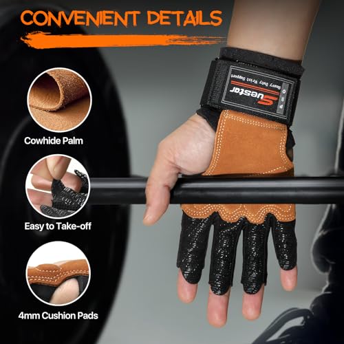 SueStar Workout Gloves, Heavy Duty Cowhide Padded Weight Lifting Gloves with Wrist Support, Full Palm Protection & Silicone Grips Gym Gloves for Weightlifting, Deadlifts, Exercise (Medium), Black - Image 4