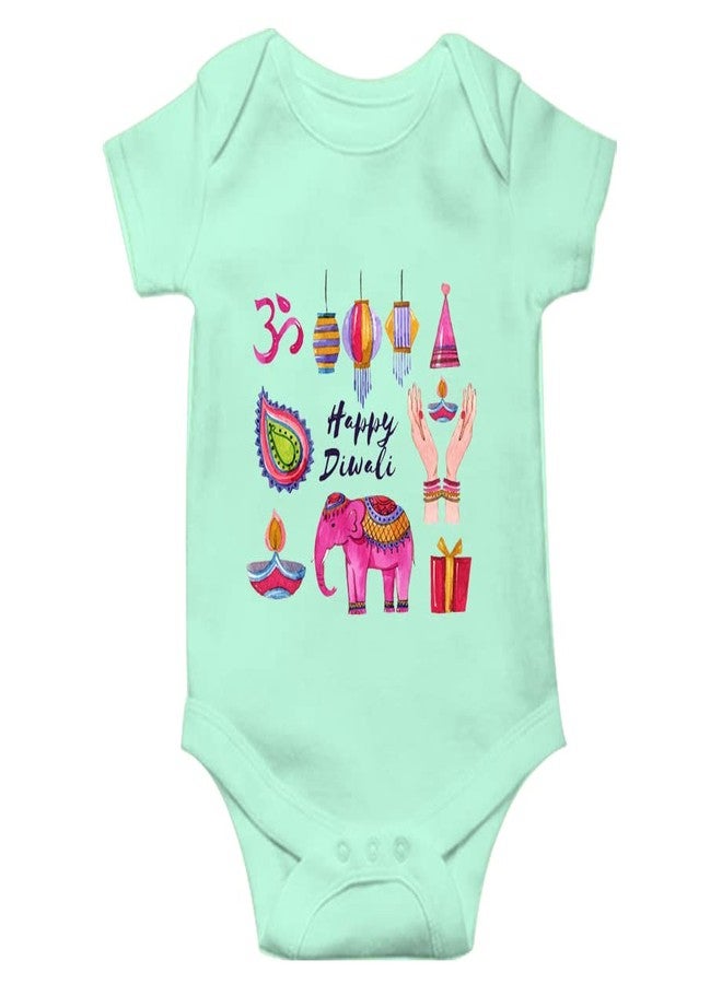 Mott2 Diwali Special Unisex Baby Romper - Happy Diwali6 (0-3 Months Green) - Image 1
