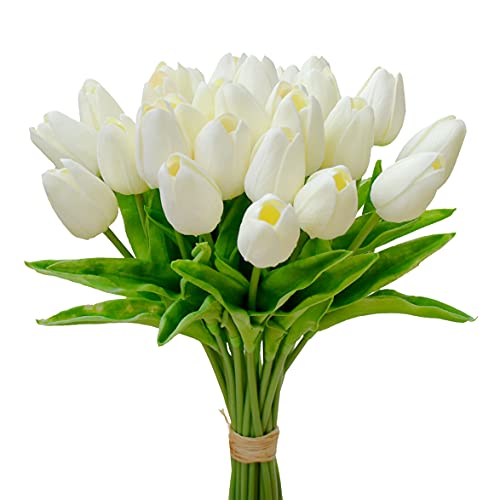 Mandy's Artificial Tulips 28 Stems Cream PU Faux Flowers for Wedding Home Decor 13.5 Inch - Image 1
