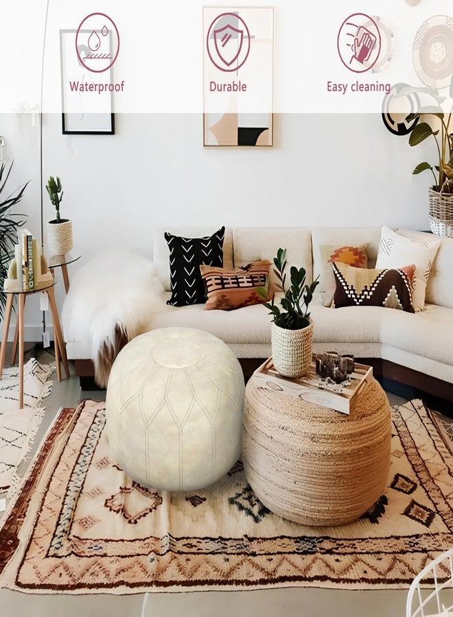 Thgonwid Unstuffed Moroccan Faux Leather Pouf Ottoman with Storage - Handmade Boho Chic Multi-Use Footrest for Living Room, Bedroom, Patio - Round Ethnic Floor Cushion & Decorative Accent, Ivory - Image 3