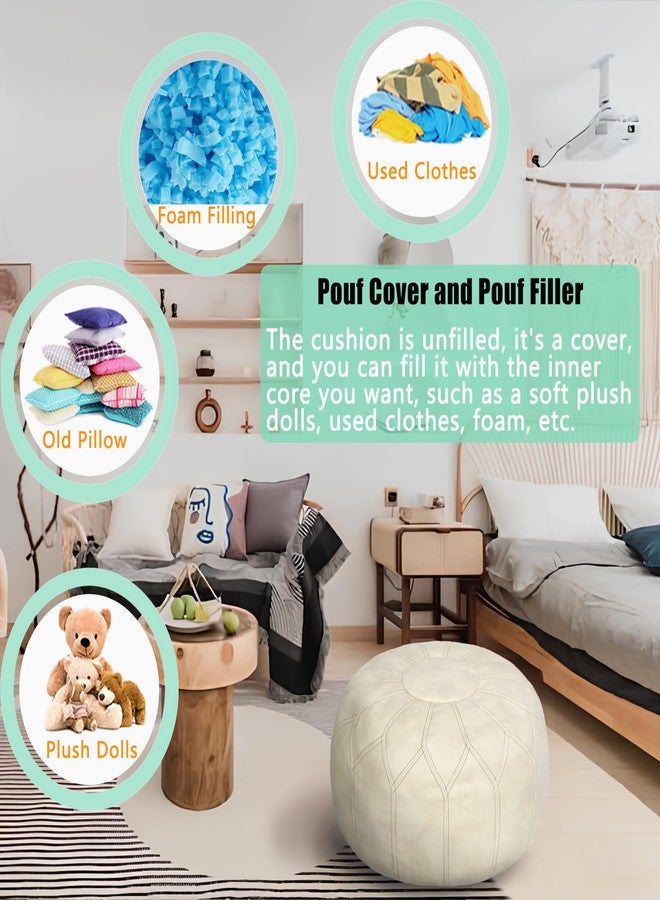 Thgonwid Unstuffed Moroccan Faux Leather Pouf Ottoman with Storage - Handmade Boho Chic Multi-Use Footrest for Living Room, Bedroom, Patio - Round Ethnic Floor Cushion & Decorative Accent, Ivory - Image 4