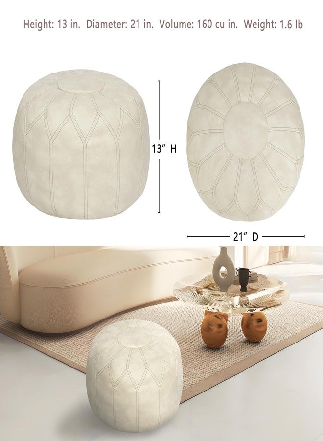 Thgonwid Unstuffed Moroccan Faux Leather Pouf Ottoman with Storage - Handmade Boho Chic Multi-Use Footrest for Living Room, Bedroom, Patio - Round Ethnic Floor Cushion & Decorative Accent, Ivory - Image 2