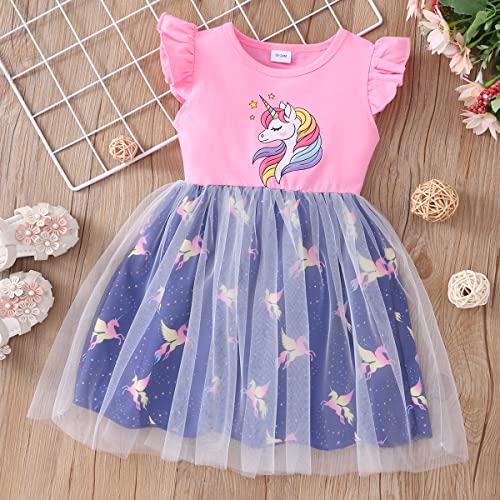 RETSUGO Toddler Tulle Tutu Dress Unicorn Birthday Outfit for Girls Flutter Sleeve Rainbow Unicorn Outfit Party Princess Tutu School Dresses Easter Pink 5-6t 1315 - Image 2