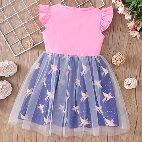 RETSUGO Toddler Tulle Tutu Dress Unicorn Birthday Outfit for Girls Flutter Sleeve Rainbow Unicorn Outfit Party Princess Tutu School Dresses Easter Pink 5-6t 1315 - Image 3