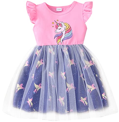 RETSUGO Toddler Tulle Tutu Dress Unicorn Birthday Outfit for Girls Flutter Sleeve Rainbow Unicorn Outfit Party Princess Tutu School Dresses Easter Pink 5-6t 1315 - Image 1