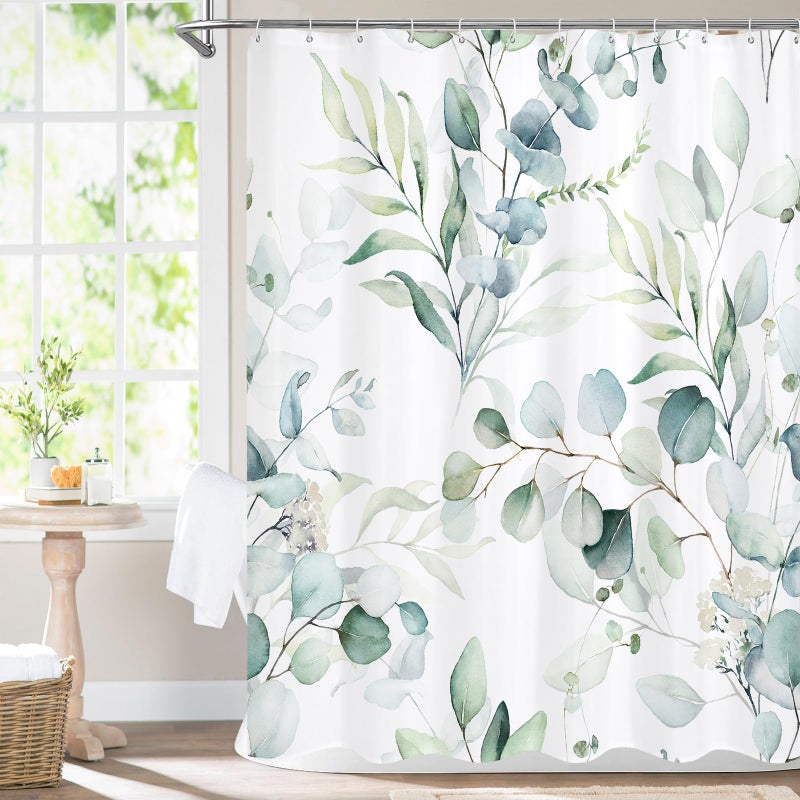 MitoVilla Sage Green Spring Floral Shower Curtain Modern Plants Botanical Fabric Cloth Shower Curtains for Chic Elegant Bathroom Decor Watercolor Eucalyptus Leaf 72x72