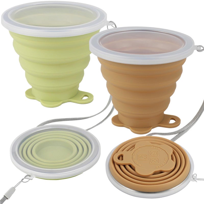 JBER Silicone Collapsible Travel Cup, Silicone Folding Camping Cup with Lids Expandable Drinking Cup for Outdoor Hiking Travel (Yellow Green & Light Brown) - Image 2