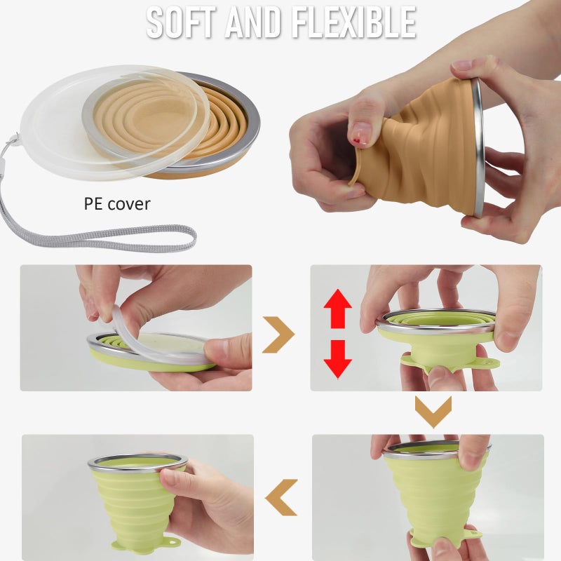 JBER Silicone Collapsible Travel Cup, Silicone Folding Camping Cup with Lids Expandable Drinking Cup for Outdoor Hiking Travel (Yellow Green & Light Brown) - Image 5