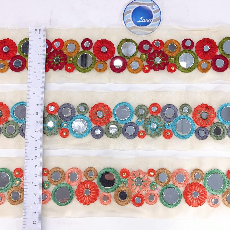 Lami 9 Meter Multi Colour Resham Embroidery Trim Lace Border, Beige Glass Nylon Base, Mirror & Diamond Stone Work Embroidered Lace, Designer Saree Lace, Bridal Lehenga Dupatta, Art & Craft Material - Image 4