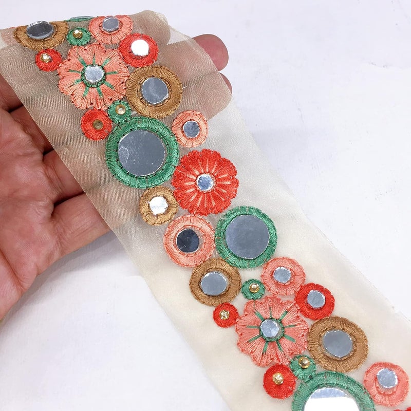 Lami 9 Meter Multi Colour Resham Embroidery Trim Lace Border, Beige Glass Nylon Base, Mirror & Diamond Stone Work Embroidered Lace, Designer Saree Lace, Bridal Lehenga Dupatta, Art & Craft Material - Image 1