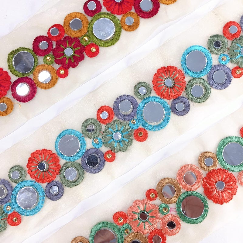 Lami 9 Meter Multi Colour Resham Embroidery Trim Lace Border, Beige Glass Nylon Base, Mirror & Diamond Stone Work Embroidered Lace, Designer Saree Lace, Bridal Lehenga Dupatta, Art & Craft Material - Image 3