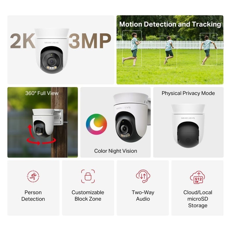 MERCUSYS MC510 2K 3MP Pan/Tilt Outdoor Security Camera CCTV Camera - Image 2