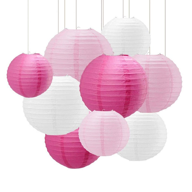 Newthinking 18 PCS Paper Lanterns Decorations Hanging Pink Paper Lanterns 4 6 8 10 Different Sized Round Paper Lanterns for Weddings Party Decorations Festival PinkWhite