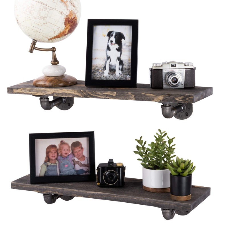 Industrial Pipe Wooden Shelves Restore by Pipe DCOR Premium Ponderosa Pine Wood Shelving 24 Inch Length Set of 2 Boards and 4 L Brackets Boulder Black Finish