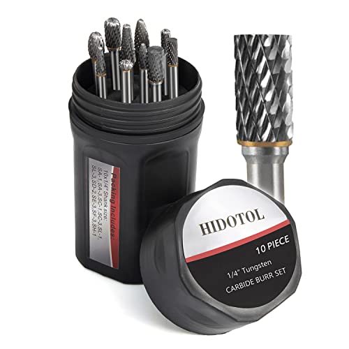 HIDOTOL Carbide Burr Set 1/4" Shank 10PC Tungsten Double Cut Carbide Rotary Burr Set for Metal and Wood Carving, Grinding, Polishing, Engraving, Drilling in Sturdy Round Case. - Image 1